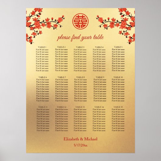 Cherry Blossom Chinese Wedding Seating Chart Poster (Vorne)