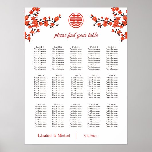 Cherry Blossom Chinese Wedding Seating Chart Poster (Vorne)