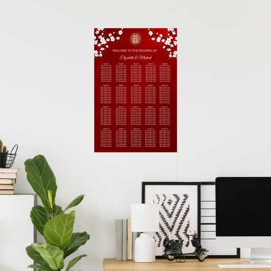 Cherry Blossom Chinese Wedding Seating Chart Poster (Heimbüro)