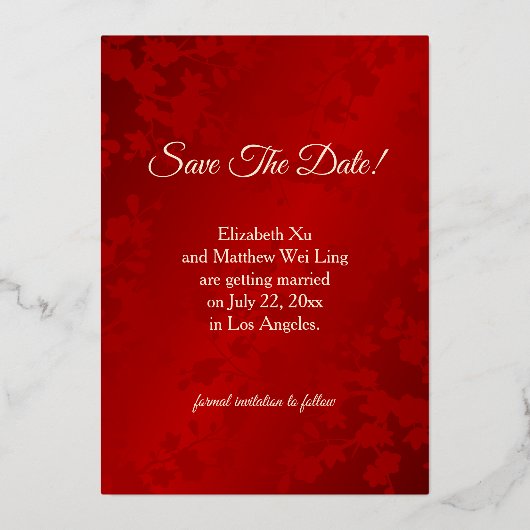 Cherry Blossom chinesische Hochzeit retten das Dat Folieneinladung (Rückseite)