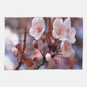 Cherry Blossom Cluster mit rosa und blau Geschirrtuch
