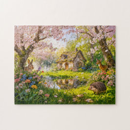 Cherry Blossom Cottage by the Garden Pond Puzzle