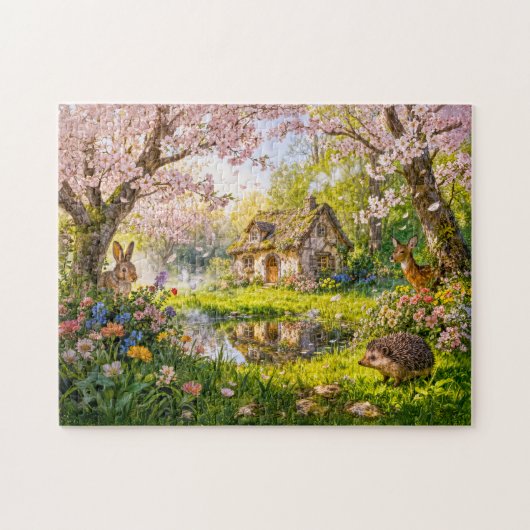 Cherry Blossom Cottage by the Garden Pond Puzzle (Horizontal)