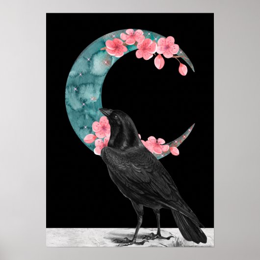 Cherry Blossom Crescent Moon and Crow Poster (Vorne)