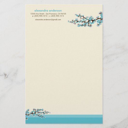 Cherry Blossom Custom Stationery (Aqua) Briefpapier (Vorderseite)
