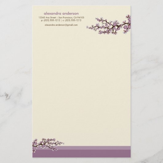 Cherry Blossom Custom Stationery (Lavendel) Briefpapier (Vorderseite)