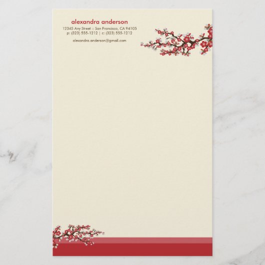 Cherry Blossom Custom Stationery (rot) Briefpapier (Vorderseite)