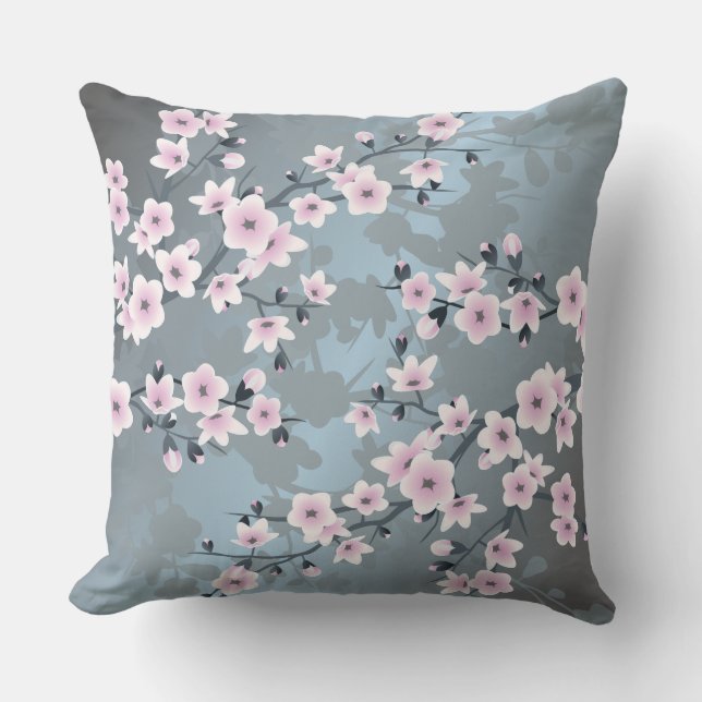 Cherry Blossom Dusky Pink Grayish Blue Floral Kissen (Vorderseite)