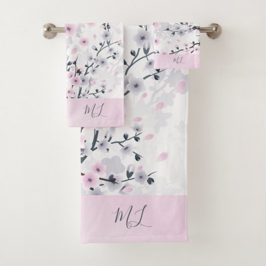 Cherry Blossom Dusky Pink Mauve Monogram Badhandtuch Set (Insitu)