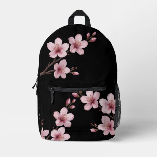 Cherry Blossom DUSTY Pink Black Monogram Bedruckter Rucksack (Vorderseite)