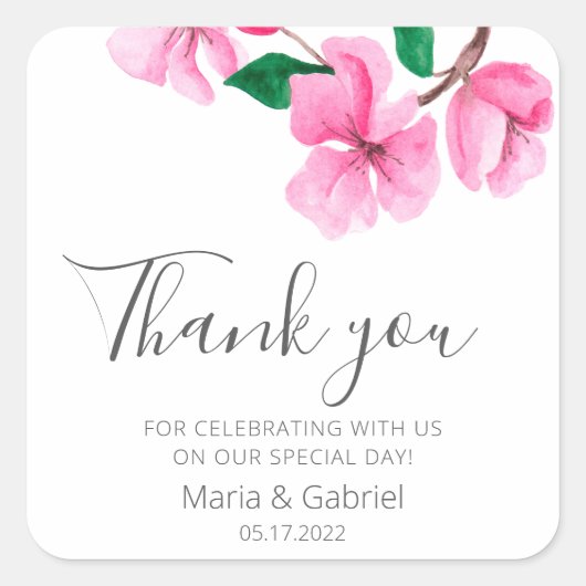 Cherry Blossom. Elegante Blumenhochzeit Danke Quadratischer Aufkleber (Vorderseite)