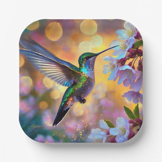 Cherry Blossom Fantasy Hummingbird Pappteller (Vorderseite)