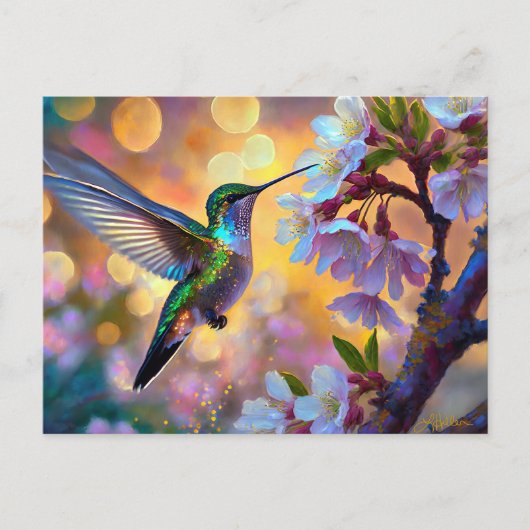 Cherry Blossom Fantasy Hummingbird Postkarte (Vorderseite)