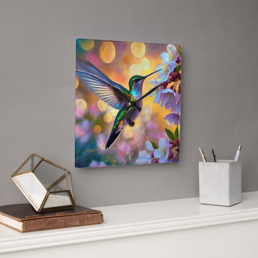 Cherry Blossom Fantasy Hummingbird Quadratische Wanduhr (Büro)