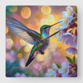 Cherry Blossom Fantasy Hummingbird Quadratische Wanduhr (Vorderseite)