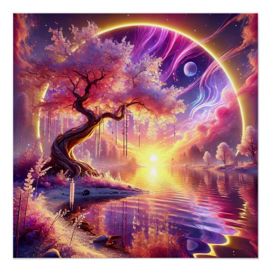 Cherry Blossom Fantasy: Ruhe Sonnenuntergang Szene Poster (Vorderseite)