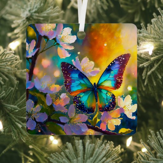 Cherry Blossom Fantasy Sunrise Butterfly Ornament Aus Metall (InSitu)