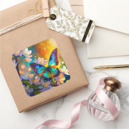 Cherry Blossom Fantasy Sunrise Butterfly Quadratischer Aufkleber
