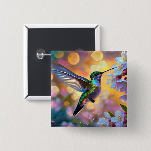 Cherry Blossom Fantasy Sunrise Hummingbird Button (Vorne & Hinten)