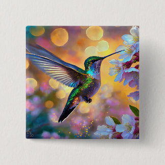 Cherry Blossom Fantasy Sunrise Hummingbird Button