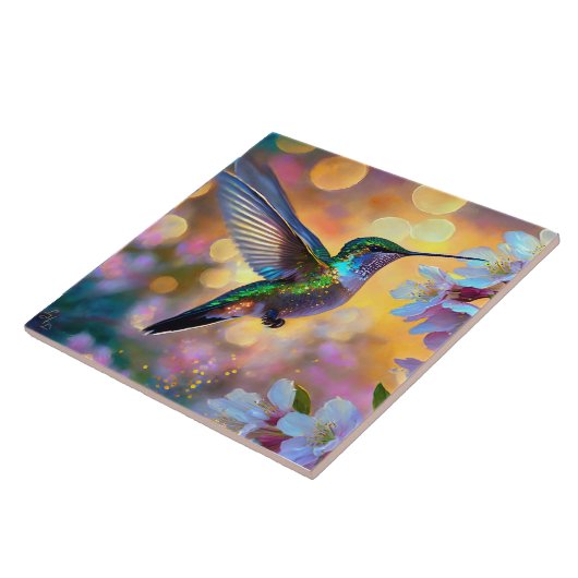Cherry Blossom Fantasy Sunrise Hummingbird Fliese (Seite)