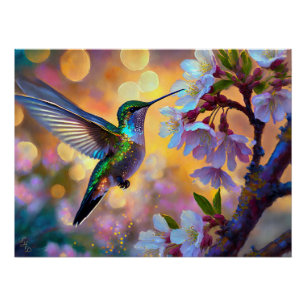 Cherry Blossom Fantasy Sunrise Hummingbird Poster