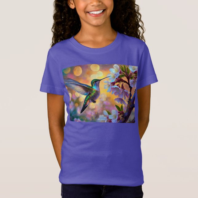 Cherry Blossom Fantasy Sunrise Hummingbird T-Shirt (Vorderseite)