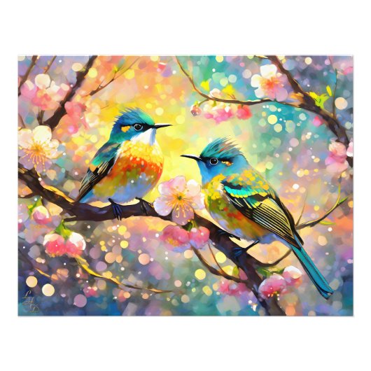 Cherry Blossom Fantasy Sunrise Songbirds Fotodruck (Vorne)