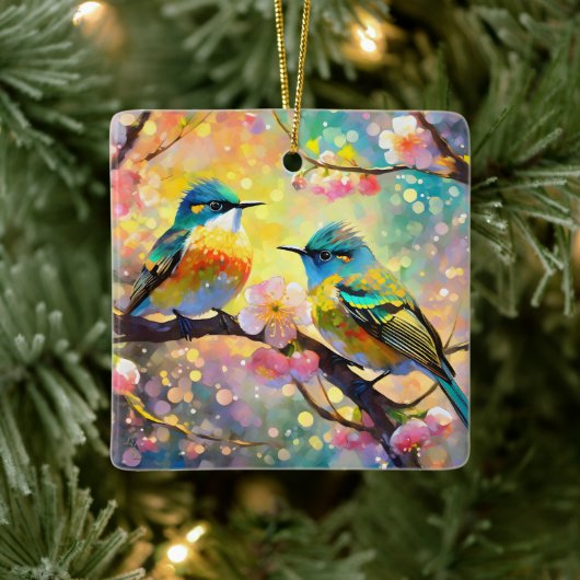 Cherry Blossom Fantasy Sunrise Songbirds Keramikornament (Baum)