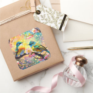 Cherry Blossom Fantasy Sunrise Songbirds Quadratischer Aufkleber