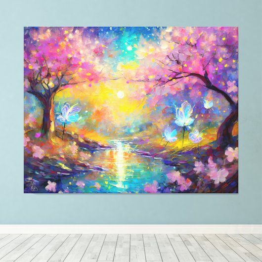 Cherry Blossom Fantasy Sunrise Stream Leinwanddruck (Insitu (Holzboden))