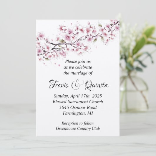 Cherry Blossom Flat Wedding Einladung (Stehend Vorderseite)