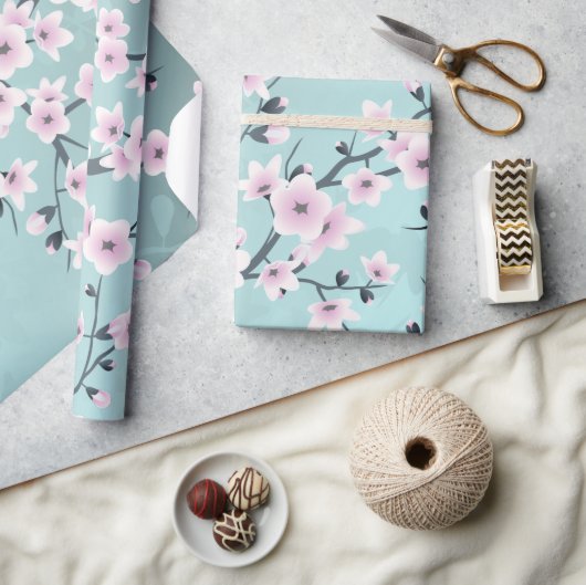 Cherry Blossom Floral Dusty Pink Aquamarine Geschenkpapier (Kunsthandwerk)