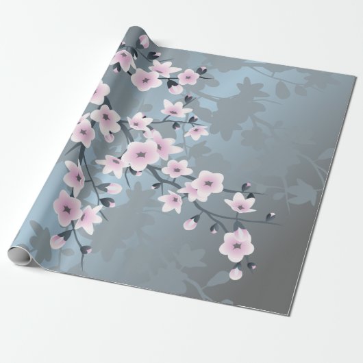 Cherry Blossom Floral Dusty Pink Blue Geschenkpapier (Ungerollt)