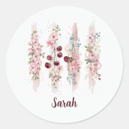 Cherry Blossom Floral Watercolor, Name hinzufügen Runder Aufkleber
