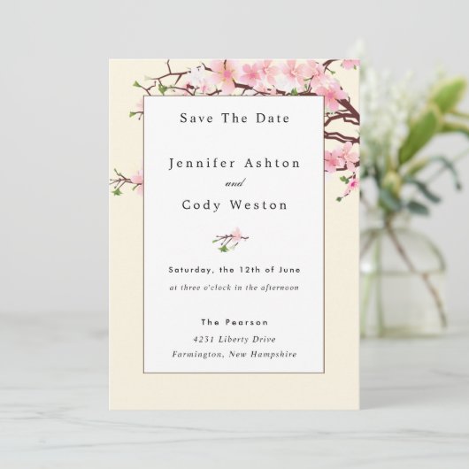 Cherry Blossom FOTO Pink White Wedding Save The Date (Stehend Vorderseite)