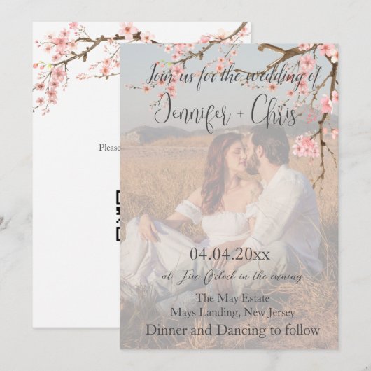 Cherry Blossom Foto QR Code Hochzeit Einladung (Vorne/Hinten)