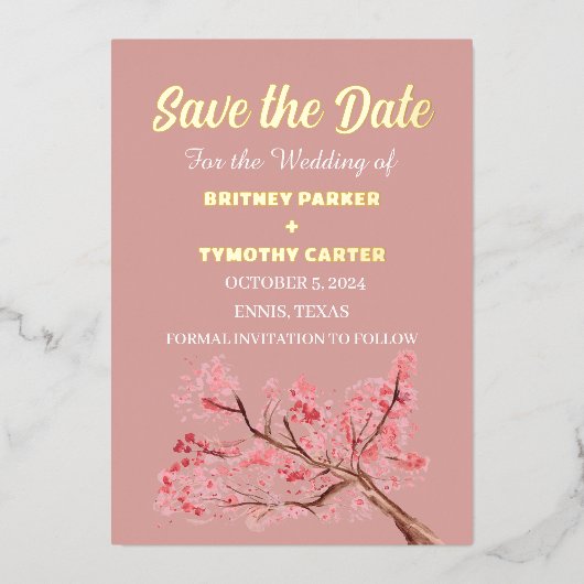 Cherry Blossom Foto QR Code Hochzeit Folieneinladung (Vorderseite)