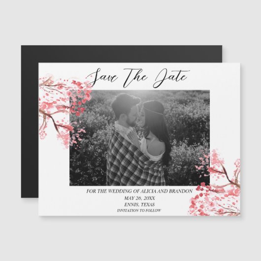 Cherry Blossom Foto Wedding Spring Script Magnet (Vorne/Hinten)