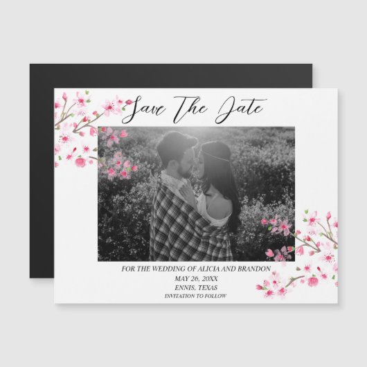 Cherry Blossom Foto Wedding Spring Script Magnet (Vorne/Hinten)