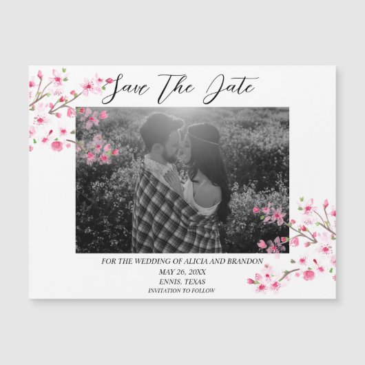 Cherry Blossom Foto Wedding Spring Script Magnet (Vorderseite)