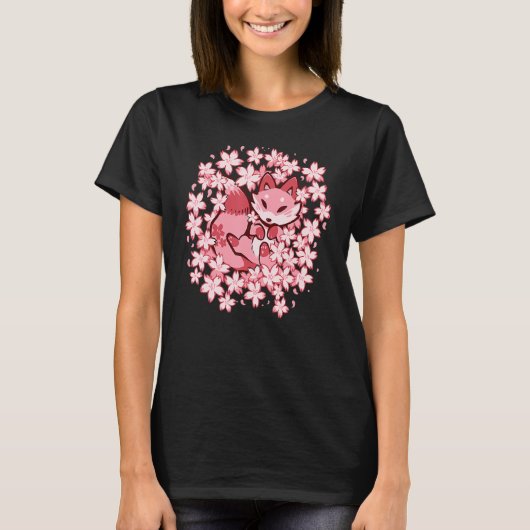 Cherry Blossom Fox - Niedlich Pink Fox T-Shirt (Vorderseite)
