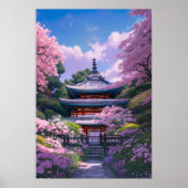 Cherry Blossom Garten und Holztempel Poster (Vorne)