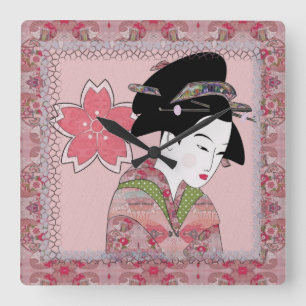 Cherry Blossom Geisha Quadratische Wanduhr