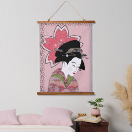 Cherry Blossom Geisha Wandteppich Mit Holzrahmen