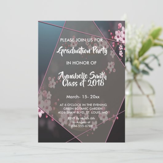 Cherry Blossom Geometric Floral Abschluss Einladung (Stehend Vorderseite)