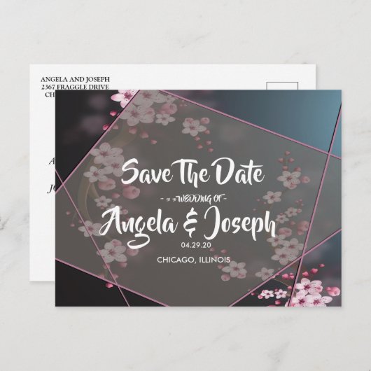 Cherry Blossom Geometric Floral Save the Date Ankündigungspostkarte (Vorne/Hinten)