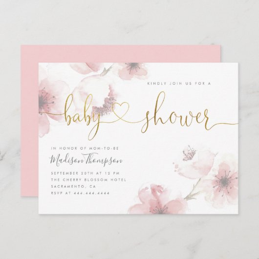 Cherry Blossom Gold Script Floral Baby Dusche Einladungspostkarte (Vorne/Hinten)