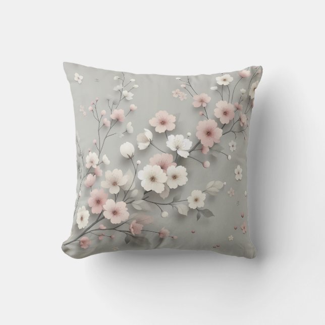 Cherry Blossom Grau Pink Japanisch Floral Kissen (Vorderseite)