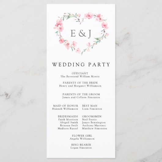 Cherry Blossom Heart Monogram Wedding Programm (Rückseite)